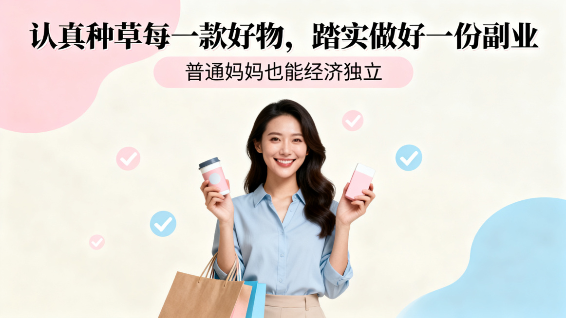 宝妈副业海报，主标题：认真种草每一款好物，踏实做好一份副业。副标题：普通妈妈也能经济独立。干净温馨背景，自信宝妈手持好物展示，搭配购物袋和对勾元素，主标题醒目副标题清晰，清新积极配色。预览效果