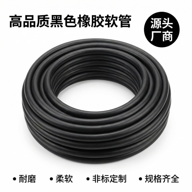 基于原图生成黑色橡胶软管电商主图，保持产品外观与原图一致，简约工业风，纯白色统一底色，软管盘成圆形居中放置，主体占比60%。左上角添加主标题"高品质黑色橡胶软管"，右上角添加圆形标签"源头厂商"，底部预览效果