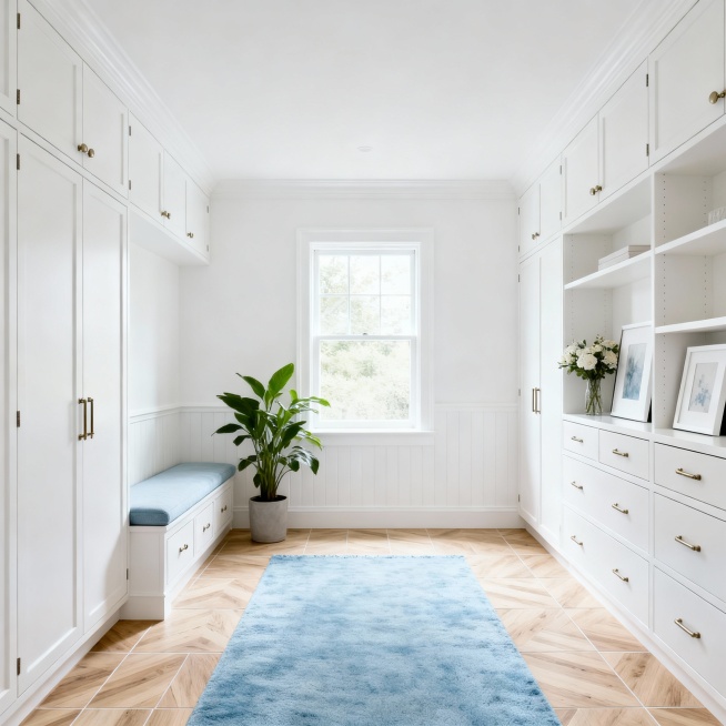 现代美式简约风格的多功能储物空间（通常是玄关或走廊），整体设计干净明亮，实用性与颜值兼备：露出白色平坦天花板，
柜体布局：两侧是通顶白色储物柜，左侧下方带长凳 + 抽屉（方便换鞋 + 收纳），右侧则是预览效果