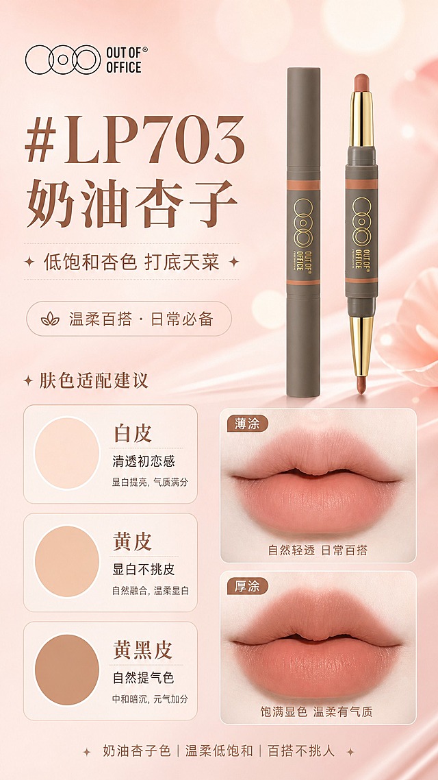 [商品] 使用【图3】OUT OF OFFICE 双头唇线笔 #LP703 奶油杏子色试色参考；保留产品外观、色号、薄涂厚涂唇部效果，产品结构和颜色不变。产品放在右侧，左侧为色号讲解内容。
[画面] 色号讲解 + 肤质肤色适配屏，左文右图布局。右侧上方是产品图，下方是薄涂厚涂唇部试色对比小图。左侧上方是色号大标题区域，下方是3个肤色适配卡片横向排列：白皮、黄皮、黄黑皮，每个卡片配圆形肤色示意+适配说明。背景为柔粉色渐变，有朦胧光斑。
[视觉] 套系策略：风格=温柔高级感美妆商业摄影；标题字=优雅衬线粗体；正文字=简洁无衬线体；主色=奶杏粉；背景延展=基于奶杏粉做深浅渐变、柔焦朦胧和丝绸/花瓣质感层次；强调色=暖棕金，仅用于小面积图标、引线、标签和高光点缀；标题色=深棕咖；正文色=暖棕灰；组件=圆角半透明信息卡、细线引线、胶囊标签；光影=左前侧暖柔光，右侧轮廓光。
[文字] 左上大标题"#LP703 奶油杏子"，副标题"低饱和杏色 打底天菜"。三个肤色卡片："白皮 清透初恋感"、"黄皮 显白不挑皮"、"黄黑皮 自然提气色"。右侧试色图标注"薄涂"、"厚涂"。
[规格] 图片比例9:16竖版，2K分辨率，避免变形、错字、文字过小、冷蓝背景、产品颜色改变、结构失真、极限词。