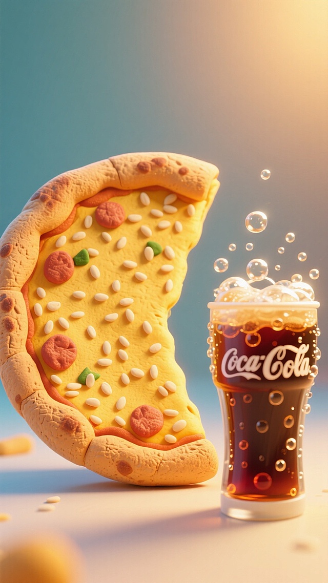 卡通感3D风轻拟物设计，创意展示披萨与可乐，色彩鲜艳，细节生动。