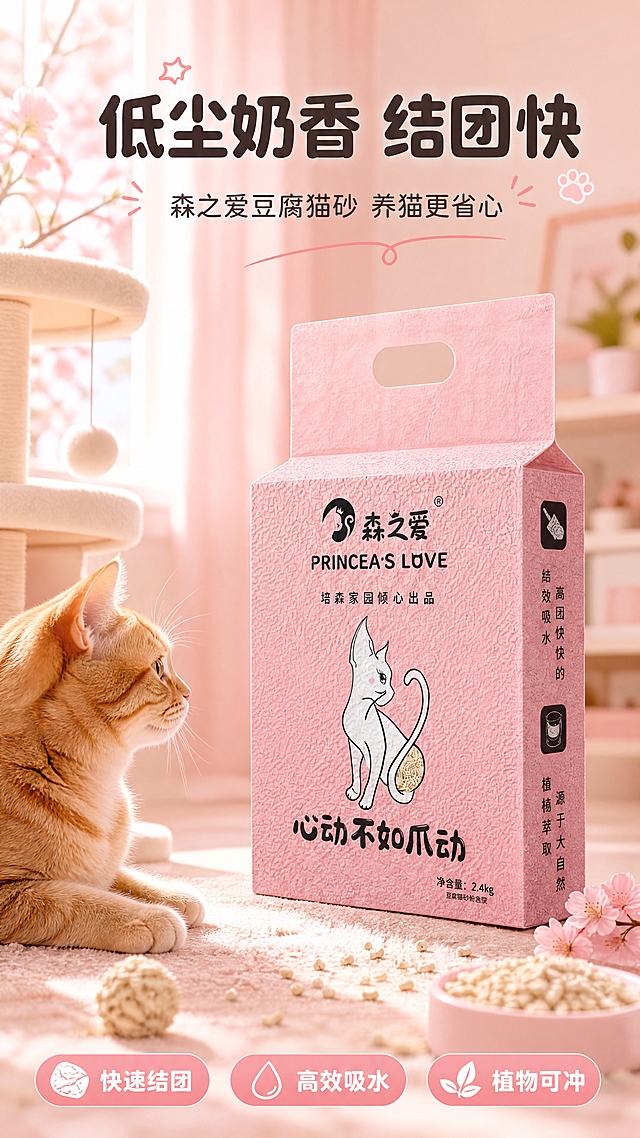 [商品] 使用【图1】森之爱豆腐猫砂粉色包装袋；保留粉色磨砂质感包装、黑色品牌Logo「森之爱 PRINCEA'S LOVE」、白色猫咪插画、「心动不如爪动」黑色文字、侧面「结团快快的 高效吸水」「源于大自然 植物萃取」文字、净含量2.4kg标识，整体结构比例不变，包装文字清晰可辨。
[画面] 头图海报页，目标营造春日治愈养猫氛围，突出产品全貌与核心利益。上下构图，产品位于画面中下部偏右，占画面约55%，正面微侧45度摆放。左侧为温馨居家场景：浅粉色窗帘、白色猫爬架一角、阳光洒落。前景有一只橘猫侧脸望向产品，增加互动感。阅读动线从上到下，顶部大标题区，中部产品主体，底部短卖点条。前中后景层次分明：前景猫爪/猫砂颗粒装饰，中景产品+猫咪，后景虚化居家环境。
[视觉] 套系策略：风格=清新治愈系少女风商业摄影；标题字=圆润可爱黑体粗体；正文字=简洁无衬线圆体；主色=樱花粉；背景延展=基于樱花粉做深浅层级、同色渐变和细腻磨砂/纸张质感，从浅粉到奶粉色过渡；强调色=奶白色，仅用于小面积图标、引线、标签和高光；标题色=深棕灰；正文色=中暖灰；组件=圆角白底信息卡、细粉线引线、粉色胶囊标签；光影=左前侧暖柔自然光，模拟窗边阳光。
[文字] 顶部居中主标题「低尘奶香 结团快」，副标题「森之爱豆腐猫砂 养猫更省心」；底部横排3个粉色胶囊卖点：「快速结团」「高效吸水」「植物可冲」。文字不遮挡产品Logo和猫咪插画主体。所有文字横向排版。
[规格] 图片比例9:16竖版，4K分辨率，负向提示：避免变形、错字、文字过小、冷蓝/蓝灰背景、包装颜色改变、包装文字错乱、猫咪失真、绝对化用语。