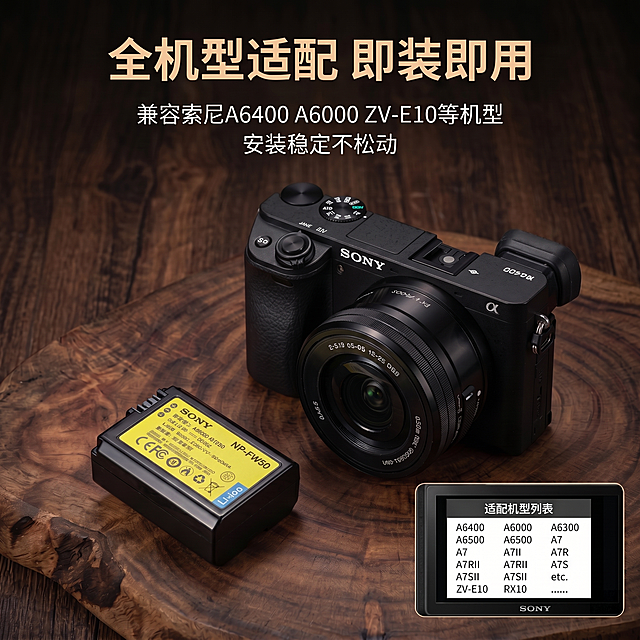 将图片中的电池型号修正为NP-FW50，保持原木质暗调风格不变，保持所有其他文案、构图和产品展示不变，只修改错误的型号参数，确保型号参数准确，文字清晰，保持原有分辨率和1:1比例不变