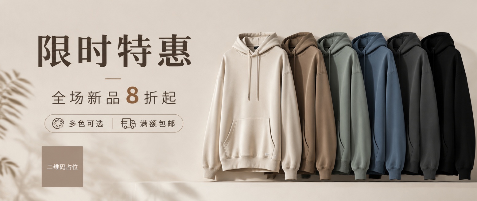 极简高级感设计的卫衣店轮播海报，主标题为"限时特惠"，副标题为"全场新品 8折起"，卖点为"多色可选 满额包邮"。画面采用极简留白风格，卡其棕低饱和背景，侧边陈列多款不同颜色卫衣，干净大气，文字清晰可预览效果