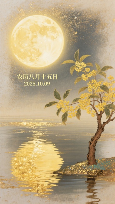 创建一个宁静和梦幻般的插图与柔和，温暖的黄色调色板。在顶部中央有一个巨大的满月，散发出柔和的光芒。在它的下方，描绘了一个平静的水体，完美地反射了月亮，创造了一个对称的金色反射和微妙的涟漪。在水的右边，预览效果