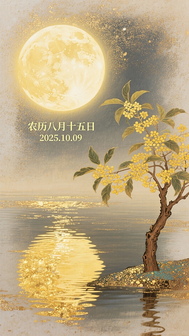 工笔风绘就的中秋夜景，鎏金月华映照湖面，岩彩质感的桂花树静立水畔，古典雅致中透出静谧唯美，尽显东方诗意。