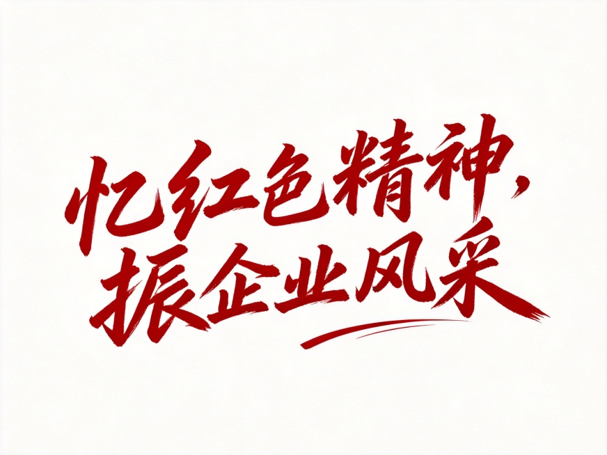 纯白色背景。平面书法字体设计，文字内容是"忆红色精神，振企业风采"，复刻参考图的手写书法风格，字体基础为毛笔书法手写体，笔画厚重有力，粗细变化自然，笔画末端锐利，字形整体向右倾斜，带有动感，字间紧凑穿预览效果