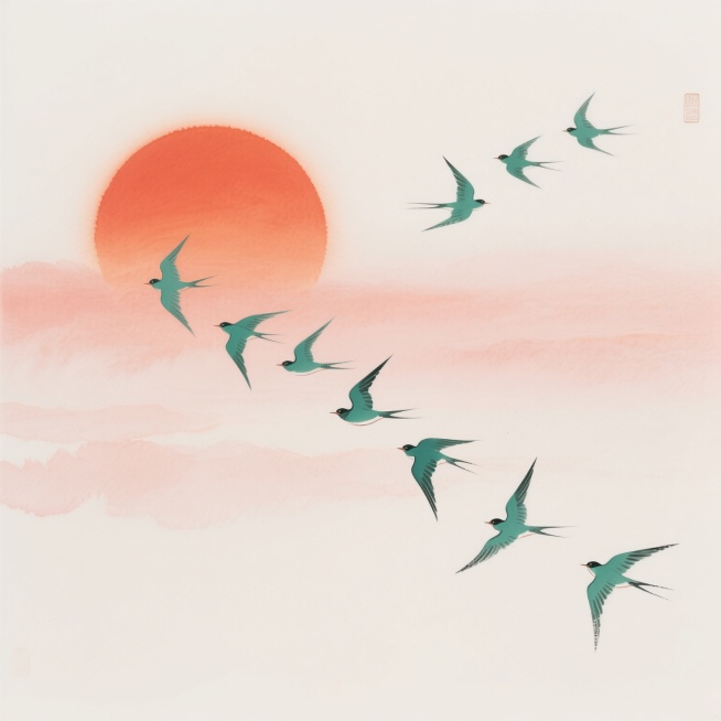 中国水墨画风格，画面中央偏左位置一轮巨大的橙红色落日，由中心的浓郁橙红向外渐变为柔和的浅橙至淡粉色，边缘朦胧虚化，散发着温暖宁静的氛围。十只青绿色的飞鸟呈人字形和不规则队列，从落日的左侧和右侧前方掠过，鸟儿形态简约写意，翅膀与身体线条流畅，姿态轻盈，仿佛在广阔天际中自由翱翔。整体构图疏朗开阔，留白充足，色调以橙红与青绿为主，色彩和谐淡雅，笔触具有水墨特有的晕染效果和通透感，营造出悠远、空灵、诗……预览效果