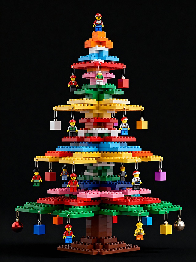 3D积木圣诞树，融合卡通与微缩艺术，拼贴式色彩堆叠，塑料质感鲜明，挂饰人物趣味十足，洋溢喜庆节日氛围。