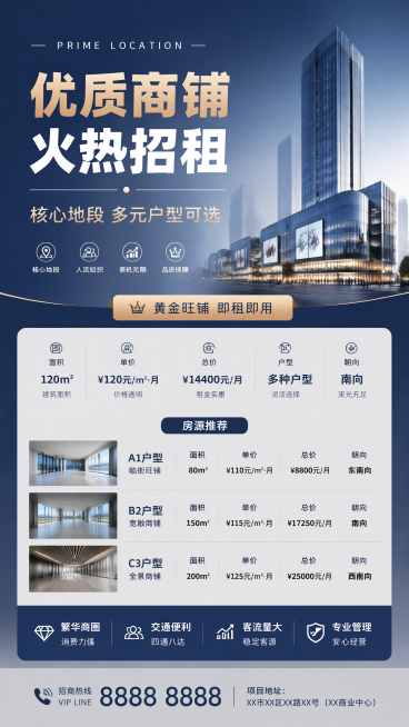 商务简约风格商业地产招租海报，画面比例9:16，版式精美，主标题文字"优质商铺 火热招租"，副标题文字"核心地段 多元户型可选"，装饰文字"黄金旺铺 即租即用"，清晰展示房源信息标签：面积、单价、总价预览效果