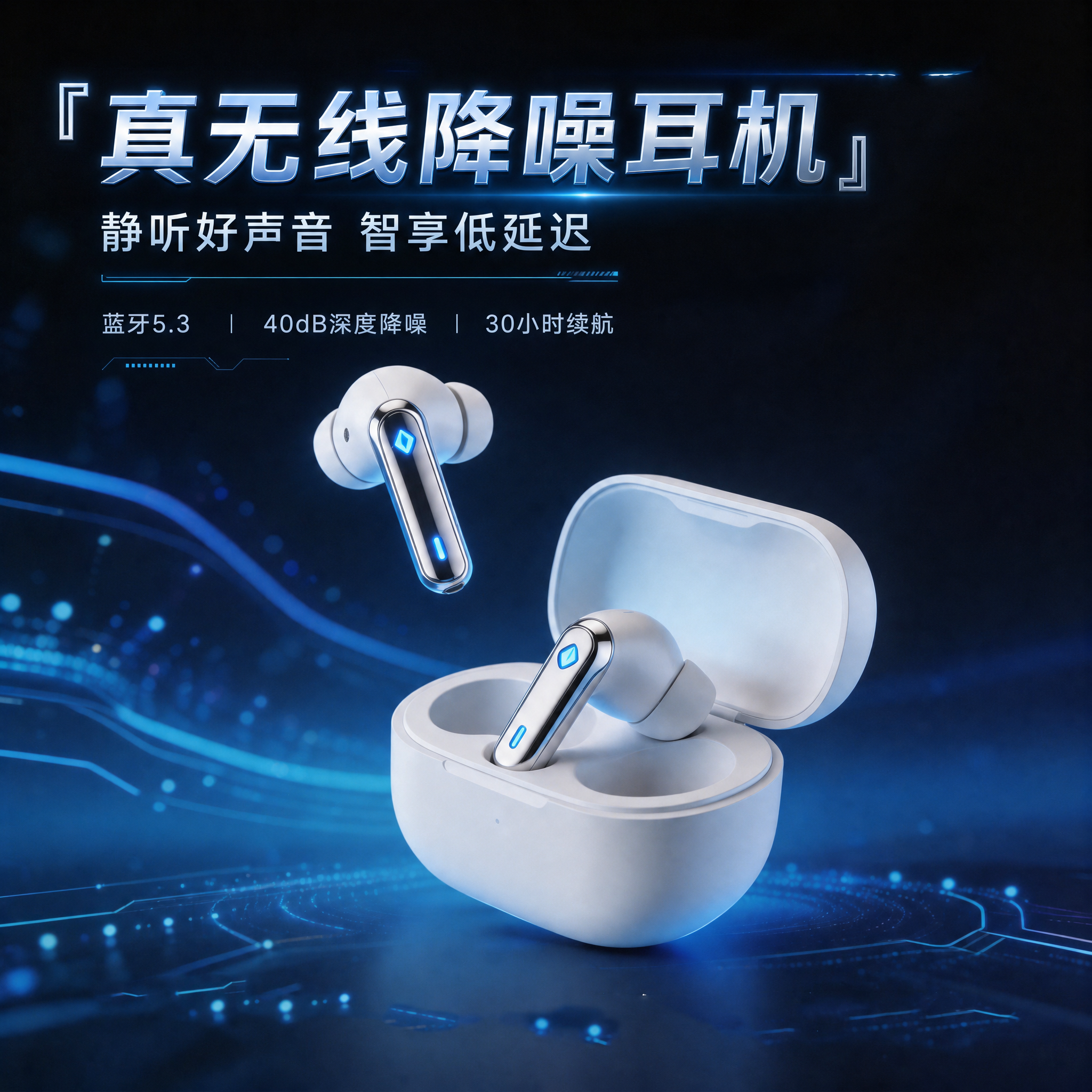 真无线降噪耳机电商科技风海报。展示白色真无线降噪耳机产品，呈现… - 图片创意预览