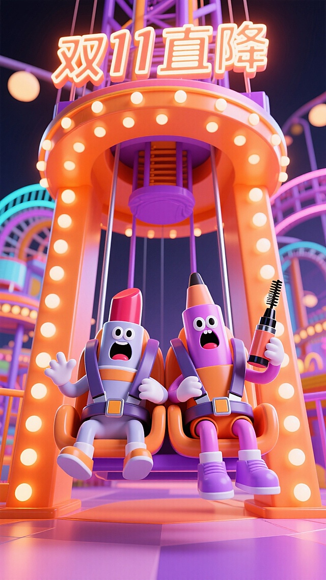 拟人化口红和拟人化眉笔坐在跳楼机的双人座椅上（有安全带），尖叫的表情，跳楼机顶部写着发光字体“双11直降”。背景是霓虹发光的游乐场，高饱和色调。海报主色调为橘色和紫色。
