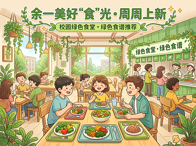余一美好“食”光•周周上新 校园绿色食堂绿色食谱动画配图，清新可爱的卡通插画风格，画面中央是明亮温馨的校园食堂用餐场景，绿色植物和藤蔓装饰，餐桌上摆放着色彩丰富的健康蔬菜套餐，包括西兰花、彩椒、糙米饭和新鲜沙拉，周围是愉快用餐的学生剪影，整体色调以清新绿色和暖黄色为主，充满青春活力和健康饮食的氛围，画面顶部有装饰性艺术字标题"余一美好“食”光•周周上新"