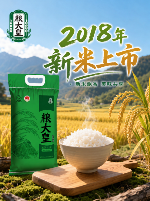 2018年新米上市海报，背景是金黄稻田远山的自然风景，前景木制砧板上放着一碗香喷喷的白米饭，画面左侧放置绿色包装的粮大皇五常大米商品，海报添加文字'2018年新米上市'，整体风格清新自然，氛围感十足，预览效果