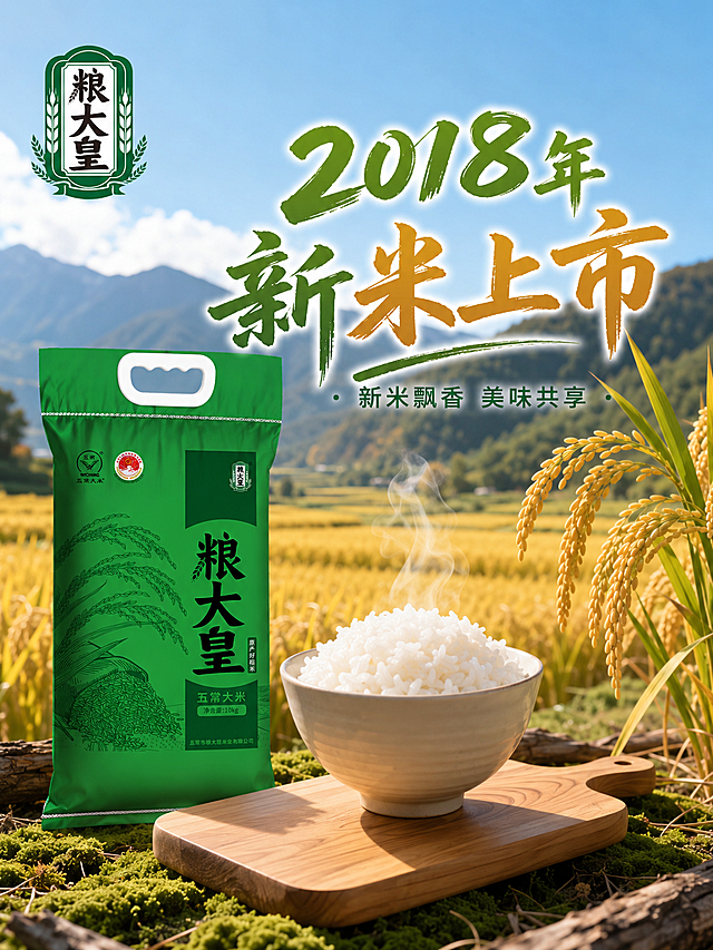 2018年新米上市海报，背景是金黄稻田远山的自然风景，前景木制砧板上放着一碗香喷喷的白米饭，画面左侧放置绿色包装的粮大皇五常大米商品，海报添加文字'2018年新米上市'，整体风格清新自然，氛围感十足，商业海报设计