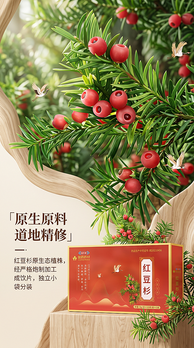 [第3屏] 产品介绍-原料特征展示。本屏使用【图1】作为主体参考，展示红豆杉原料特性。
[氛围/风格] 自然写实中医风格，原木色底搭配绿色原生态植物场景，自然清新。
[元素布局] 上下分栏构图，上半部分展示红豆杉原枝带果特写，下半部分产品图搭配文字介绍；主体植物占上屏约60%。
[光影质感] 自然光漫射，叶片果实清晰有层次，色彩还原自然真实。
[配色色系] 全局底色 #f5f0e6，主色翠绿原木棕，辅助色保留产品红包装点缀。
[视角构图] 上植物特写下产品图文，自然过渡，视觉层次分明。
[文字版式] 标题「原生原料 道地精修」，正文介绍红豆杉原料特性："红豆杉原生态植株，经严格炮制加工成饮片，独立小袋分装"，排版整齐，不遮挡主体画面。
[比例分辨率] 9:16竖版比例，2K分辨率，文字清晰可辨，高清画质。
[负向提示词] 植株变形，文字过小，虚假效果描述，产品包装不一致