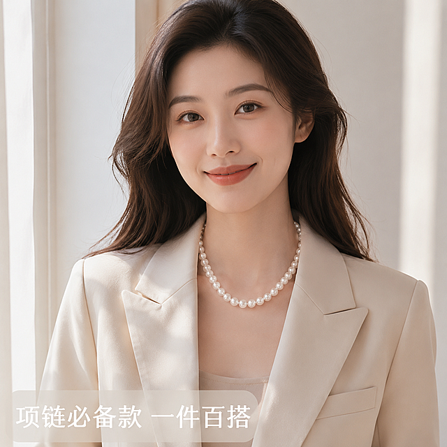 「图片1」，生成一套主图（5张），商品名称是淡水7-8mm无核近圆亮光珍珠，卖点是珍珠项链必备款，可百搭任何珍珠饰品，风格是时尚简约大气，增加少女、淑女、美女佩戴图，适配淘宝/天猫平台，主图比例为1:1