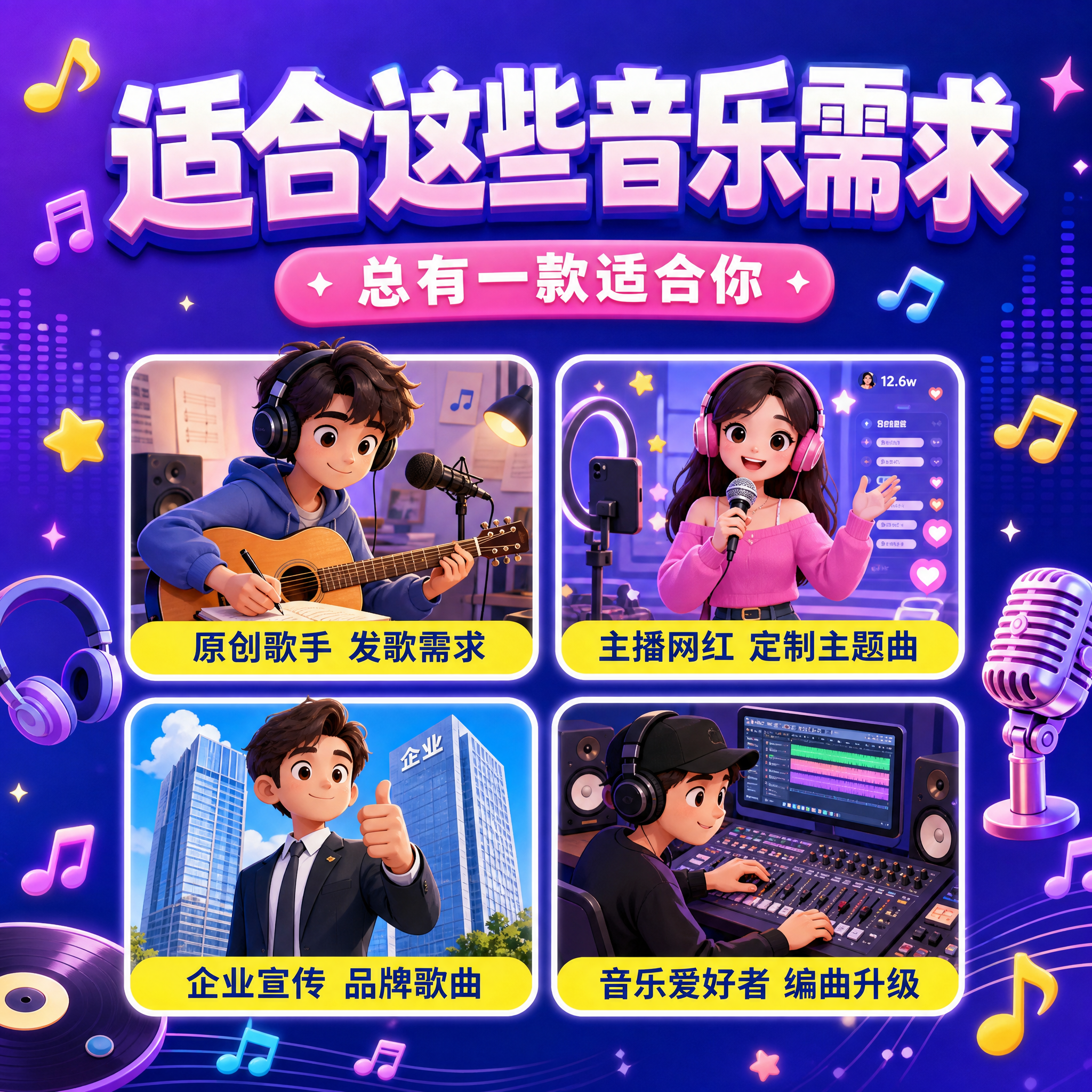 电商主图第4张，音乐制作服务适用人群与场景图，1:1正方形构图… - 图片创意预览
