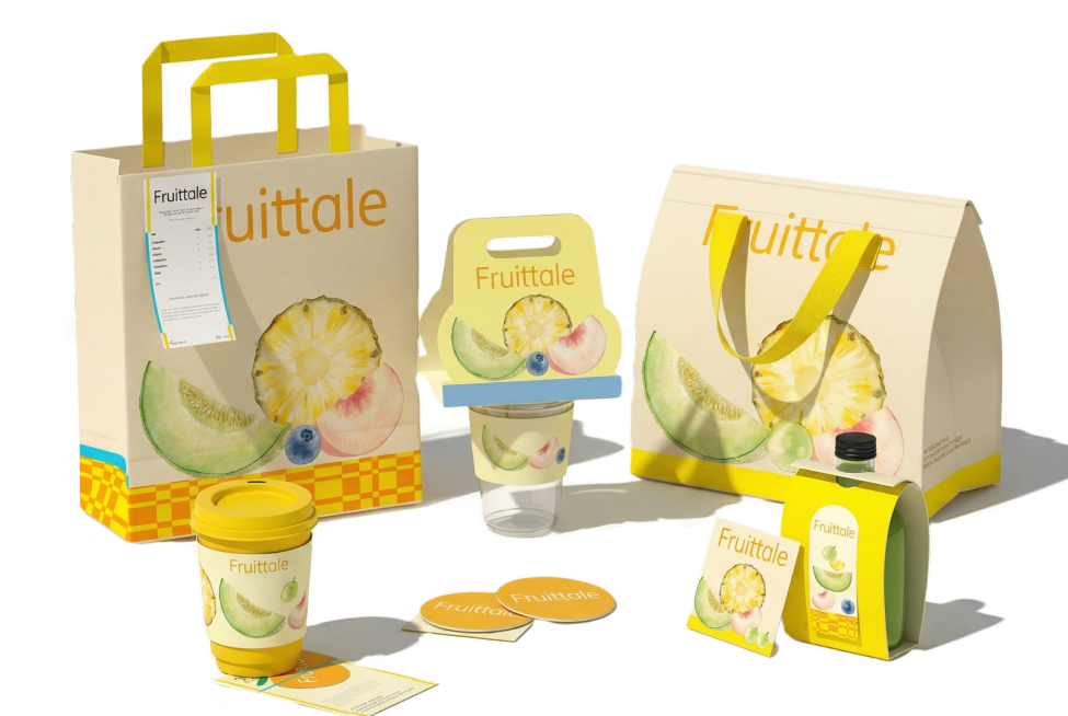 将图1中的Fruittale品牌的饮品、手提袋、杯托、卡片等产品，按照图2的排列方式重新组合摆放，保留图1的产品设计风格预览效果