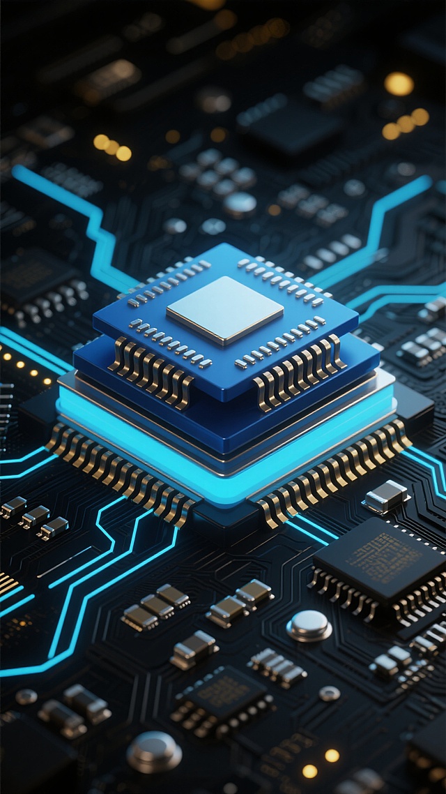 超写实3D渲染风格的科技感背景，以深邃黑色为主色调，中央是一枚棱角分明、层层叠叠的蓝色发光芯片，芯片表面有精密的金属触点和方形核心，四周环绕着复杂的黑色电路板，电路板上布满细小的银色电子元件、金色和蓝色的发光线路及光点，整体呈现出强烈的金属质感与科技光泽，光线从芯片底部和边缘发出柔和的蓝色光晕，照亮周围元件并形成细腻的阴影，营造出神秘而高端的未来科技氛围，画面构图紧凑，细节丰富，光影对比鲜明，充满赛博朋克式的精密与炫酷感。