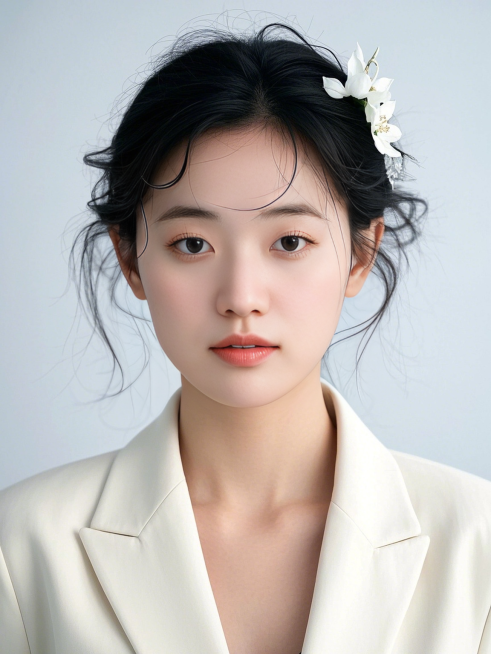 女生，白底证件照，浅色西装，正面预览效果