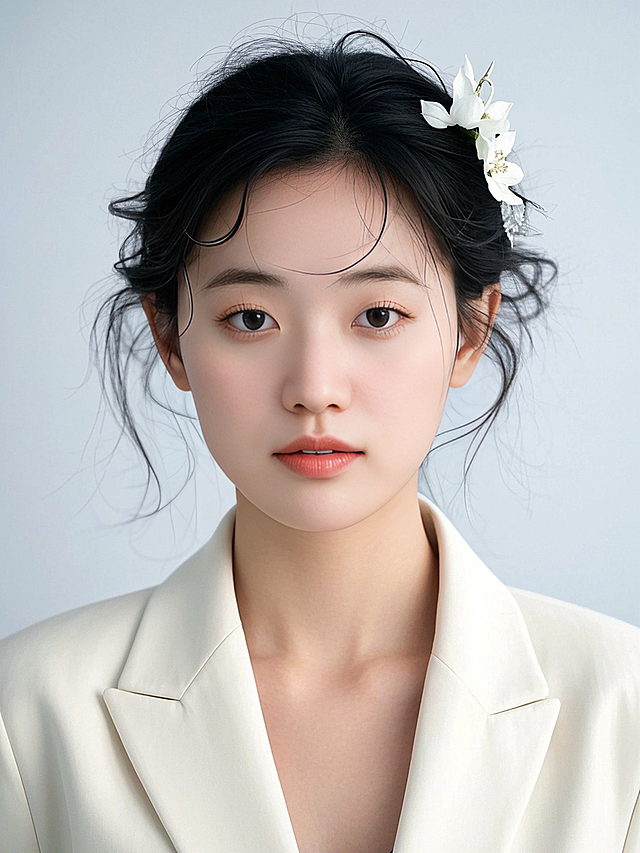 女生，白底证件照，浅色西装，正面