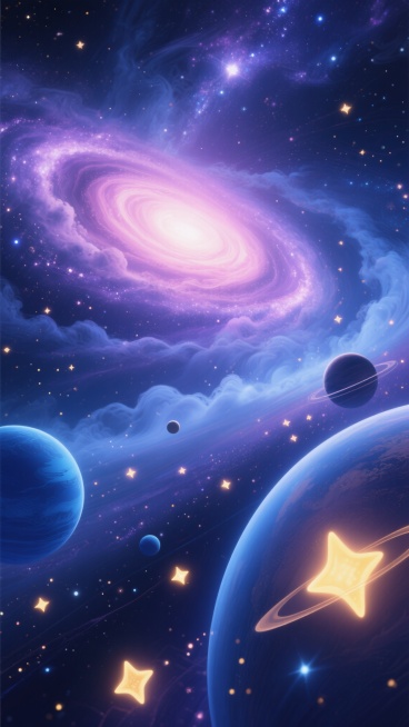不同元素、不同配色、不同样式、不同风格的宇宙背景，配色简单干净，深邃宇宙空间，巨大的螺旋星系散发着柔和的粉紫色光芒，前景有蓝色调的行星和卫星，明亮的恒星点缀其间，无数闪烁的星星布满整个画面，星云呈现出流动的云雾状结构，整体画面具有强烈的纵深感和神秘感，色彩以蓝色和紫色为主，搭配明亮的星光和恒星的暖黄色光芒，营造出宁静而壮丽的宇宙景象。预览效果