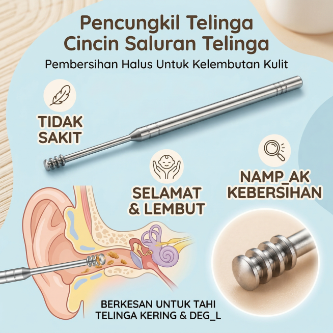 基于原图重新设计，更换排版，整体风格简约干净，体现母婴级安全，突出无痛不伤耳，展示挖耳勺清洁顽固干耳垢效果，产品居中展示，使用浅蓝背景，马来简约家居温馨风，干净高级构图，文字全部改为马来语，使用圆润醒预览效果