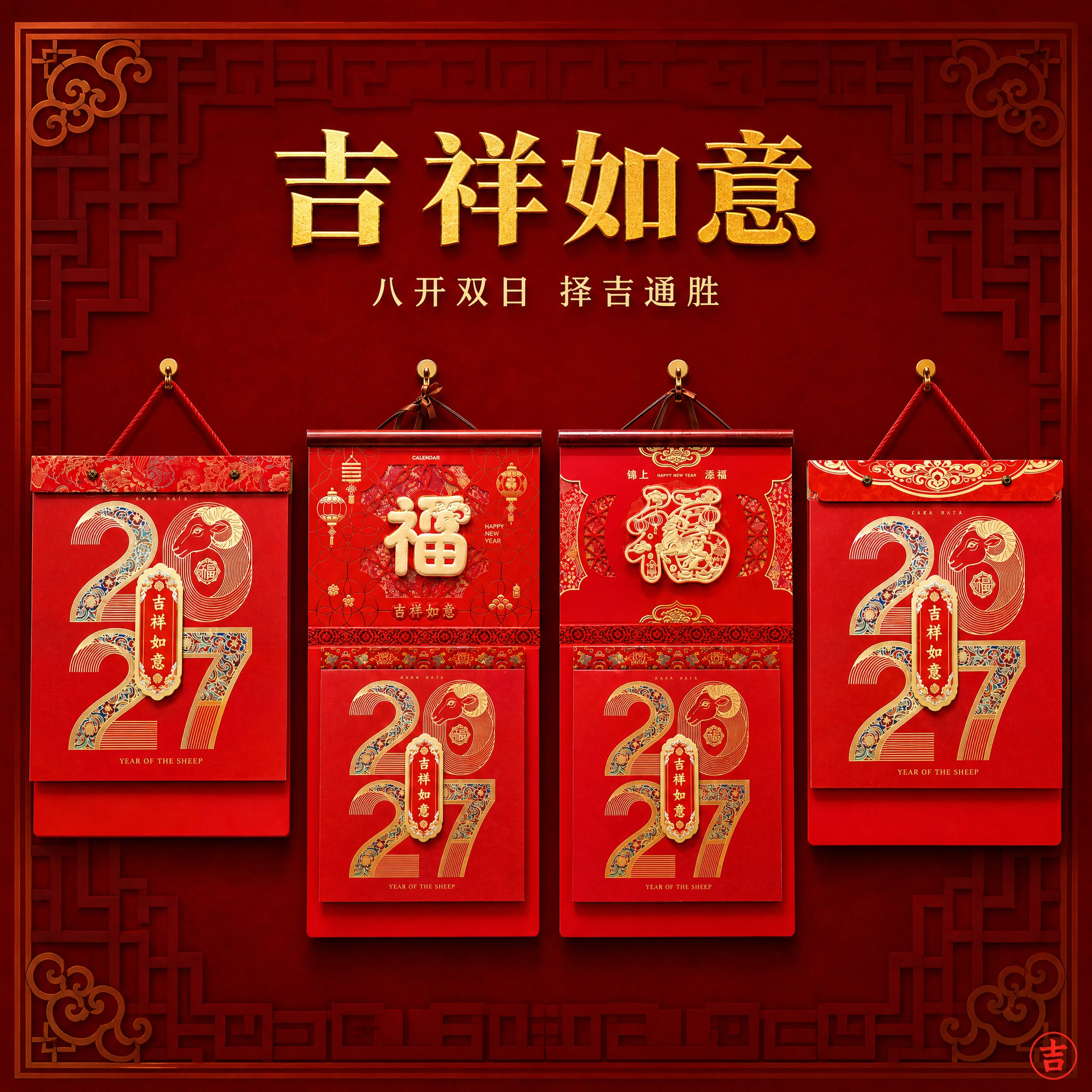[单张主图] 吉祥如意2027八开双日择吉通胜撕历四款并排组合… - 图片创意预览