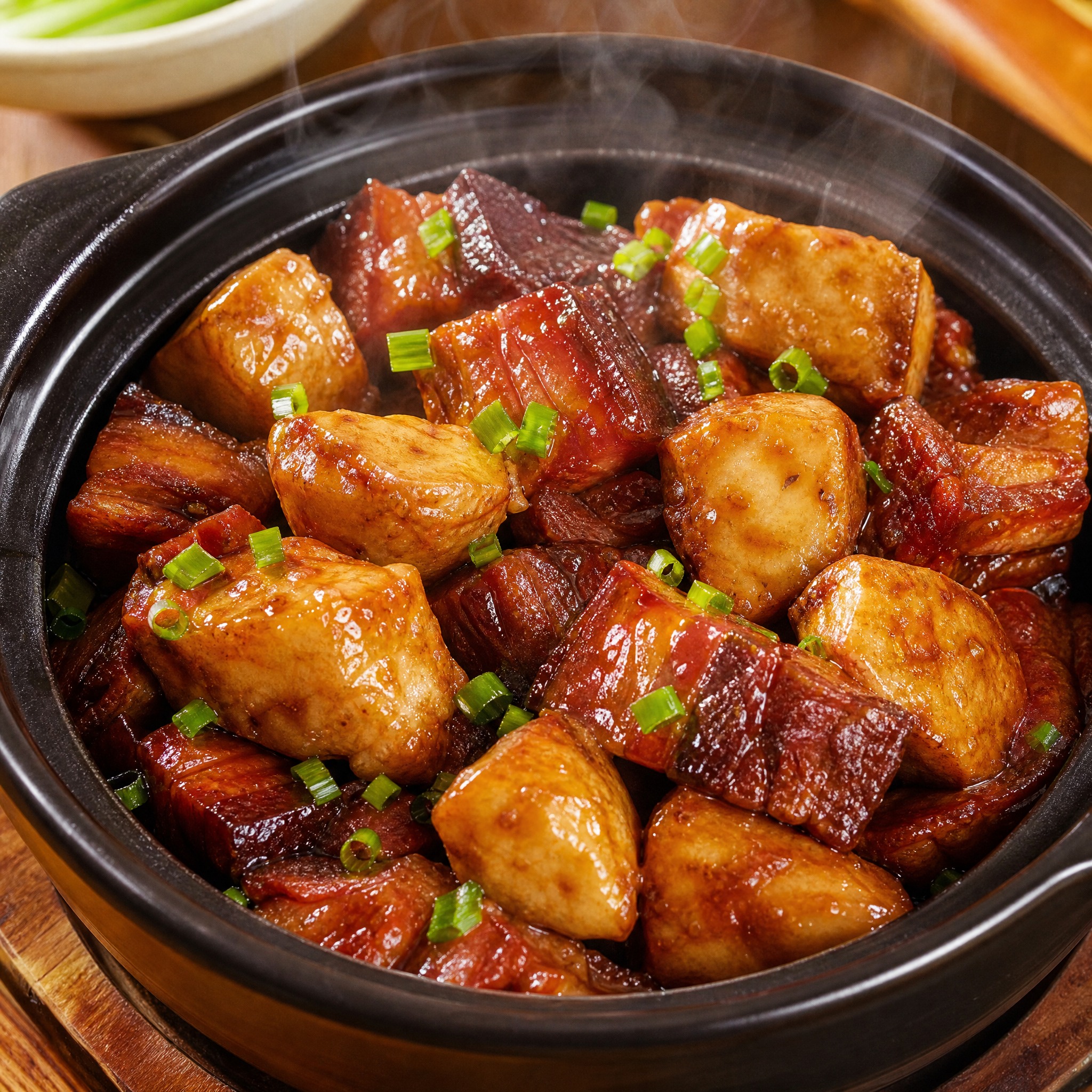 红烧南风肉烧芋艿成品特写，深色陶瓷煲中酱红油亮的南风肉块与粉糯… - 图片创意预览