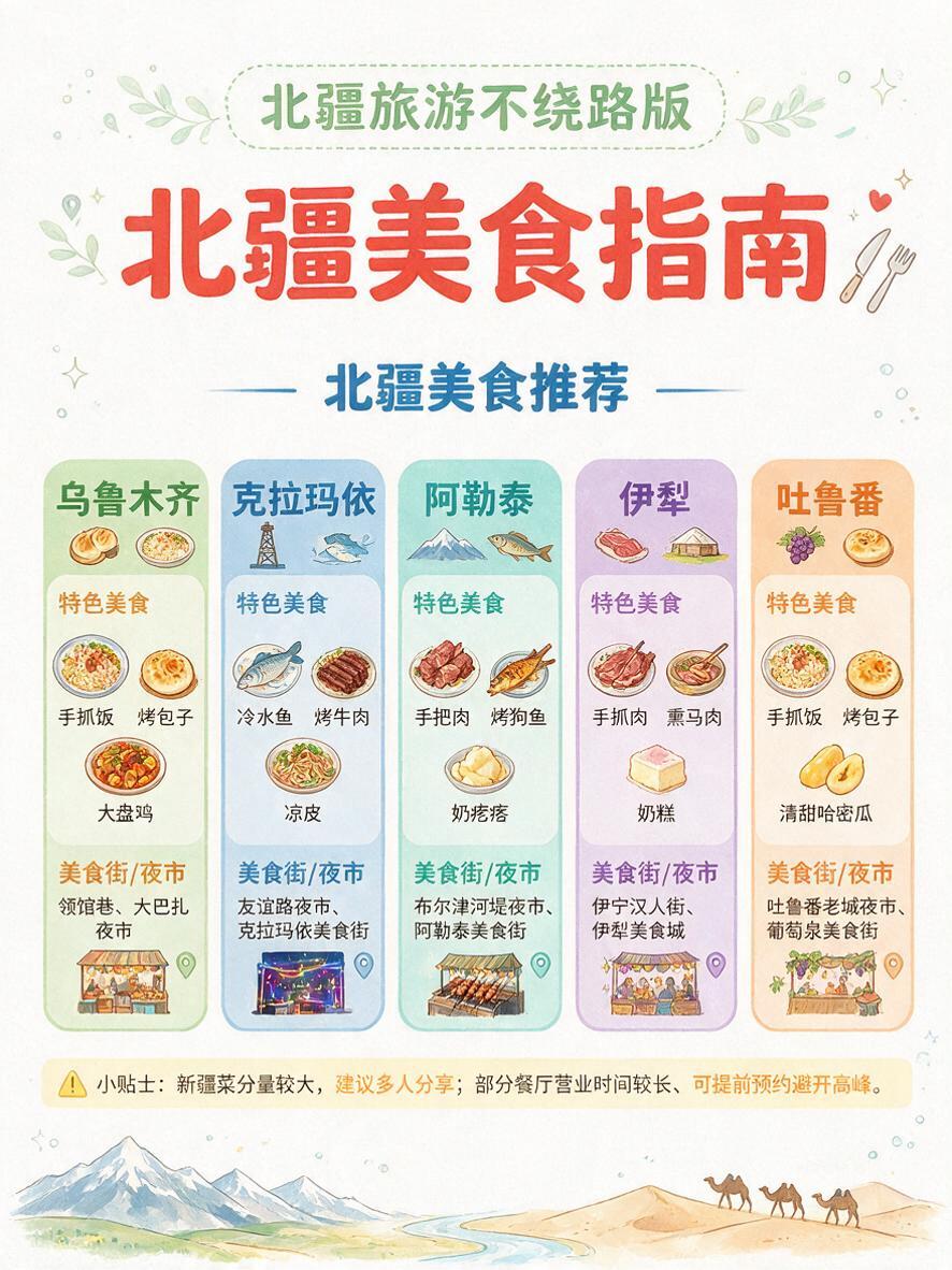 北疆旅游美食攻略海报，白底简约信息图风格。顶部绿色虚线框内写北… - 图片创意预览