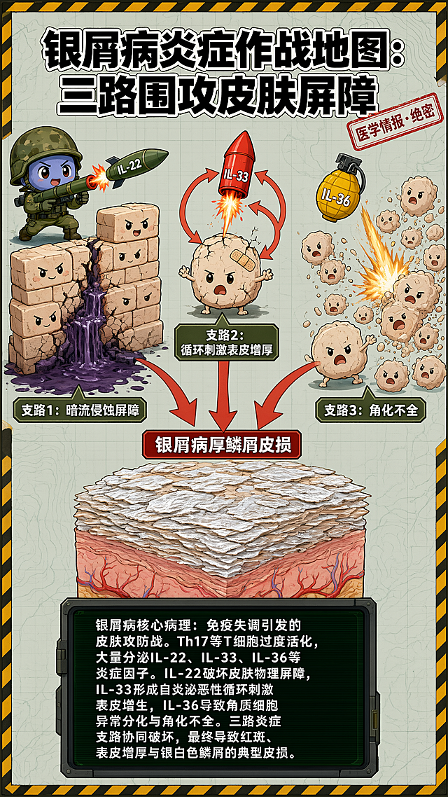 医学科普条漫风格，Q版萌系拟人，军事题材隐喻插画，卡通平涂质感，清晰粗黑轮廓线，中饱和度配色，拟人化免疫细胞IP设计，扁平化场景，趣味硬核科普风。画面为竖版9:16比例，军事作战地图风格，展示三路炎症支路进攻皮肤的场景。支路1：Q版萌系T细胞士兵分泌「IL-22」弹药，作用于角质细胞堡垒，造成皮肤屏障破损，用暗流侵蚀效果表现，标注「支路1：暗流侵蚀屏障」。支路2：破损的角质细胞释放「IL-33」信号弹，有环形自分泌箭头回指细胞本身，形成循环，标注「支路2：循环刺激表皮增厚」。支路3：角质细胞产生「IL-36」因子，导致角质细胞紊乱分裂、角化不全，用无序分裂的细胞形象表现，标注「支路3：角化不全」。画面下方有汇总箭头，三路炎症损伤汇合指向最终的厚鳞屑皮损形态，标注「银屑病厚鳞屑皮损」。画面底部有旁白字幕区域，展示科普说明文字。背景是军事作战地图风格，有战术箭头、坐标网格、黄黑警示条、科学情报印章等元素，整体中饱和度配色，卡通平涂质感，趣味硬核科普氛围。
