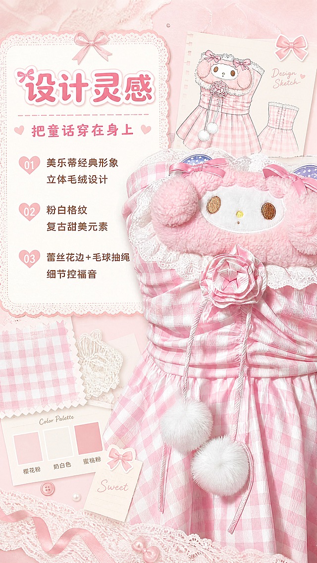 [商品] 使用【图1】粉白格纹美乐蒂抹胸上衣；商品处理：保留抹胸版型、美乐蒂毛绒立体装饰、粉白格纹面料、白色蕾丝花边、粉色玫瑰花抽绳、白色毛球吊坠、荷叶裙摆；自然去皱，增强毛绒质感和格纹清晰度，不改变版型颜色。
[画面] 页面目标：设计灵感与风格理念展示；构图：左文右图，左侧40%区域放设计理念文字，右侧60%区域展示抹胸上衣局部特写（美乐蒂毛绒头部+蕾丝花边），周围点缀设计手稿、色卡、面料小样等元素；景别：产品局部特写+拼贴元素；阅读动线：从左至右；前中后景：前景面料小样/色卡，中景产品局部+文字卡，后景浅粉色纸张纹理背景。
[视觉] 套系策略：风格=甜系少女风商业摄影，洛丽塔甜美氛围；标题字=圆润可爱衬线体，带轻微描边和蝴蝶结装饰；正文字=简洁圆润无衬线体；主色=樱花粉+奶白色；背景延展=基于粉白做渐变晕染、同色系深浅层次、细腻纱质/蕾丝质感；强调色=蜜桃粉，仅用于小面积图标、引线、标签和装饰元素；标题色=深粉色带白色描边；正文色=暖棕色；组件=圆角蕾丝边信息卡、丝带引线、蝴蝶结图标；光影=正面柔暖漫射光，产品边缘带柔和轮廓光。
[文字] 左上主标题「设计灵感」，副标题「把童话穿在身上」，正文3点：① 美乐蒂经典形象立体毛绒设计 ② 粉白格纹复古甜美元素 ③ 蕾丝花边+毛球抽绳细节控福音；文字全部横向排版，左侧信息卡内，手机端清晰可读。
[规格] 图片比例9:16竖版，4K，medium质量，避免变形、错字、文字过小、冷蓝背景、衣服颜色改变、版型失真。