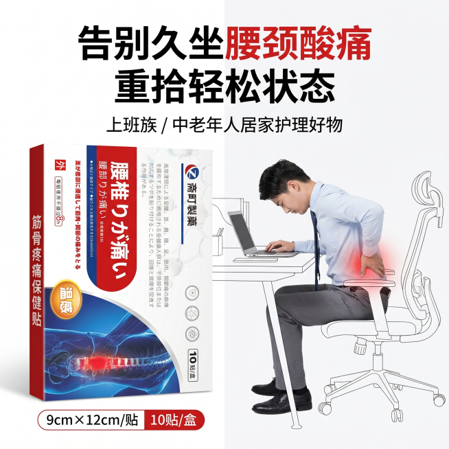 [主图-9] 斋町製藥筋骨疼痛保健贴痛点解决场景主题图；
[氛围风格] 日系简约医疗风融合科技机能风；
[画质] 商业摄影质感、光线柔和通透、产品清晰真实、画面高清通透、高级有质感，产品细节保留完整，预览效果