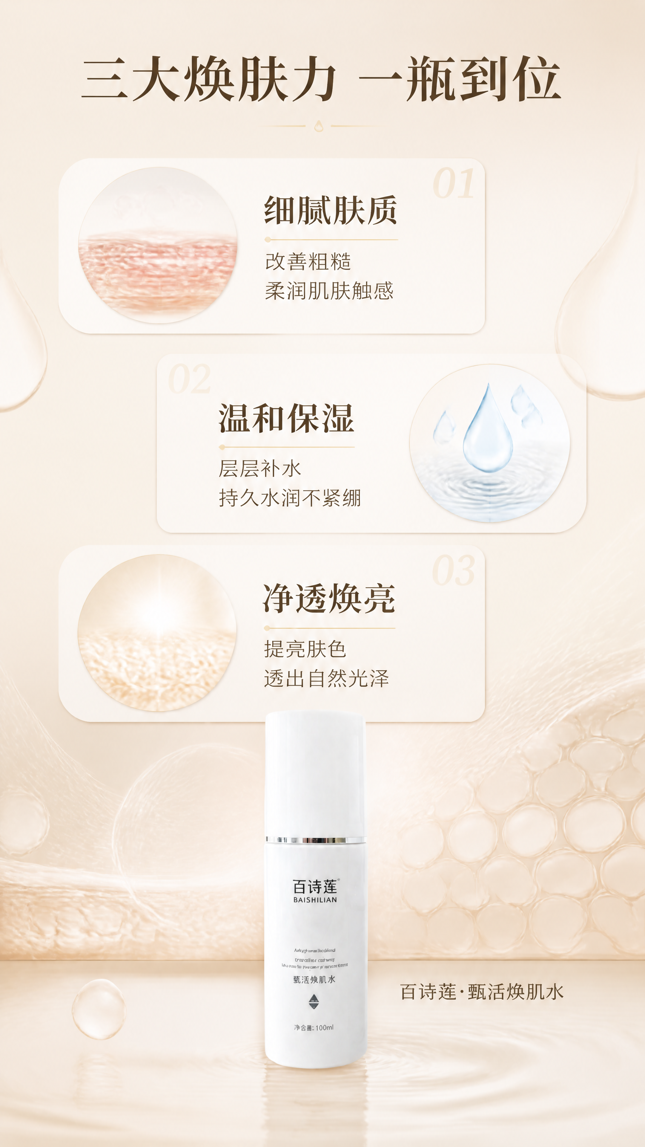 [第2张] 核心卖点痛点页-百诗莲甄活焕肌水三大功效详解。本张… - 图片创意预览