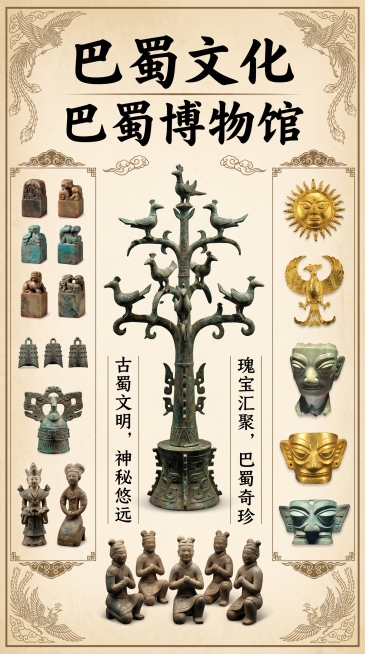 960×2144竖版海报，米黄宣纸背景，中心主体为巴蜀博物馆代表性文物合集，包含青铜神树、巴蜀印章、古蜀金饰、陶俑，固定大字：巴蜀文化、巴蜀博物馆，两侧竖排正确文化介绍，搭配传统纹样，无错别字，无乱码预览效果