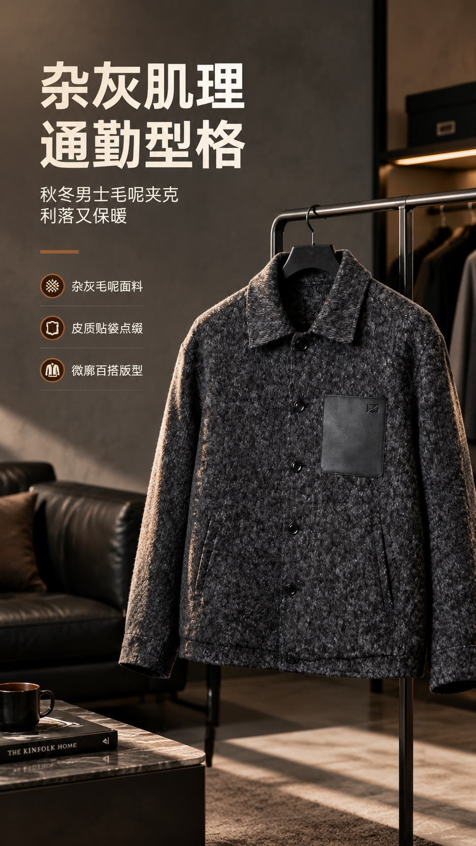 [商品] 使用【图1】男士杂灰色翻领毛呢夹克；商品处理：保留翻… - 图片创意预览