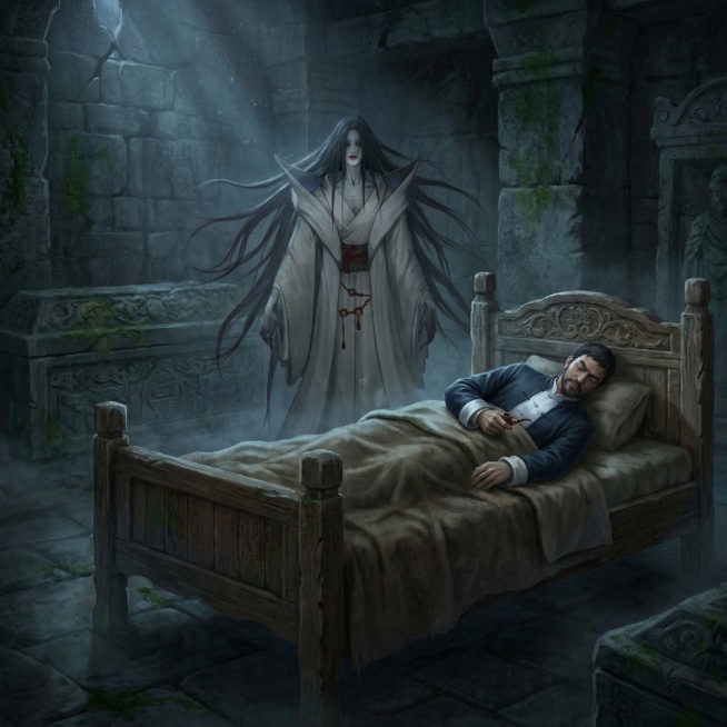 生成一个石墓的场景，在画面的右边有一张床，第一张的角色睡在床上，在床后面是第二张的怪物角色预览效果