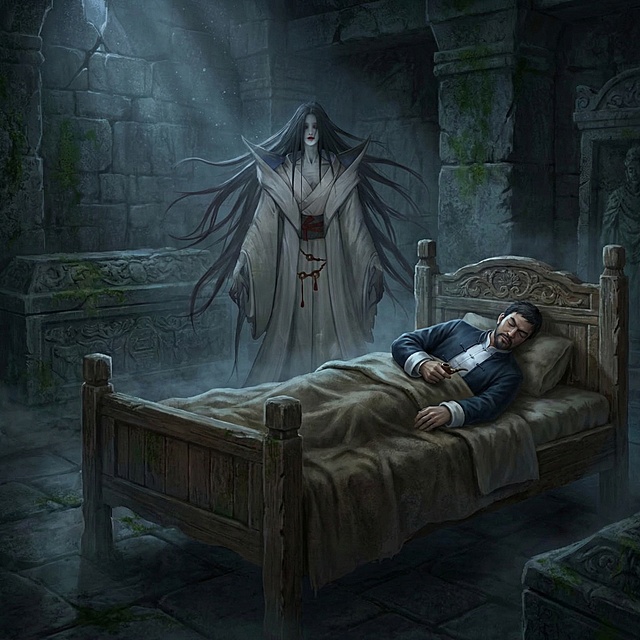 生成一个石墓的场景，在画面的右边有一张床，第一张的角色睡在床上，在床后面是第二张的怪物角色