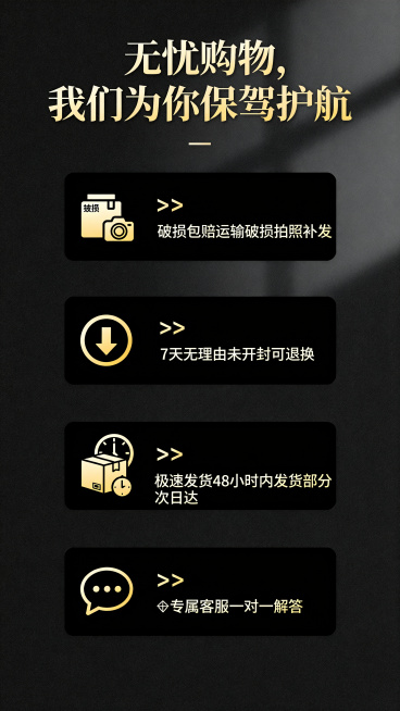 电商详情页售后保障承诺区，图标化服务承诺搭配简约背景，标题是"无忧购物，我们为你保驾护航"，四个服务卡片文案：✅破损包赔运输破损拍照补发，✅7天无理由未开封可退换，✅极速发货48小时内发货部分次日达，预览效果