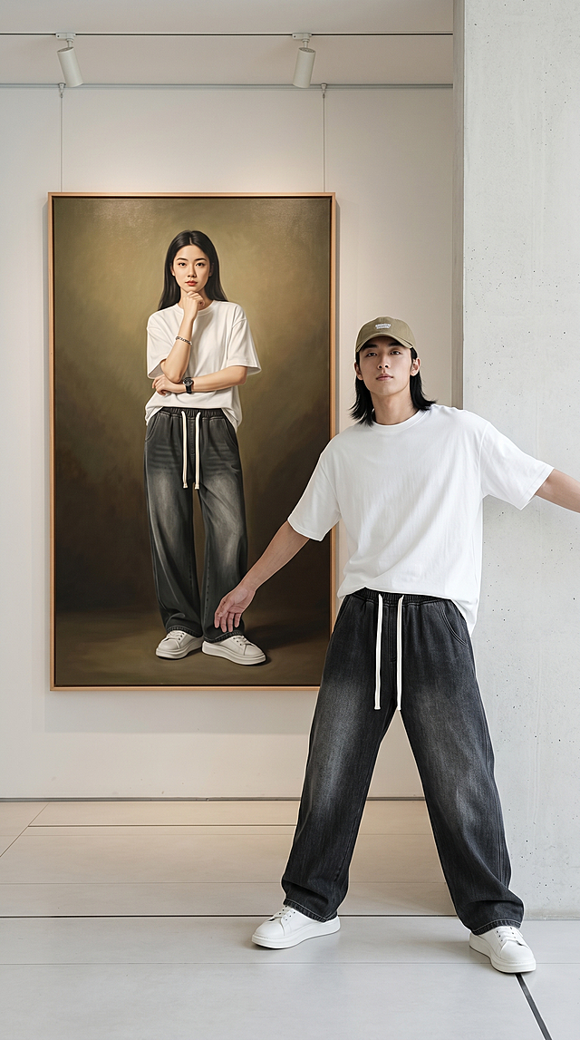 明亮柔和的正午自然光，干净利落的硬阴影，色彩通透低饱和度。竖版构图9:16，画面右侧是年轻漂亮的东亚男生，黑长直发，清冷干净的长相，穿美式宽松短袖T恤+黑灰色渐变天丝牛仔阔腿裤参考第一张图，搭配厚底小白鞋，裤子是松紧腰配白色双抽绳，裤腿宽松垂顺。他靠在后方墙上，双臂自然张开，脚部动作站立，身体微微倾斜，头部微微向下，戴着一个卡其色的美式鸭舌帽，表情痞帅自然，视线看向镜头。男生后方的室内展厅上，悬挂着一幅大尺寸竖版古典写实油画，原木色细画框。油画里是年轻漂亮的东亚女生，穿和男生完全一模一样美式宽松T恤+黑灰色天丝牛仔阔腿裤参考第二张图+同款厚底小白鞋，左手托着右手右手动作微微托下巴，左手戴黑色手表，右手戴银色手链，油画背景是卡其色+深棕色的纯色渐变。地面是简约的意大利瓷砖，有横条的拦截线。整体风格cleanfit极简风，画面上方有2个照射灯照在壁画上，无水印无文字，突出裤子的垂坠感和面料质感。拍摄角度为远景