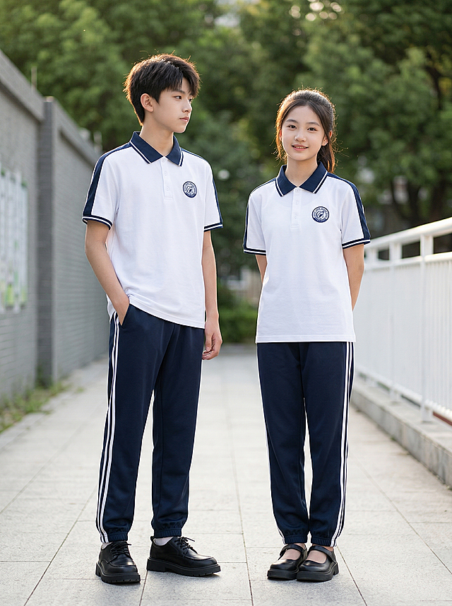 8K 超高清，商业电商产品摄影，锐利对焦，全身人像，3:4 竖版构图，一对年轻东亚初中生站在校园户外道路上，五官精致，穿着同款校服：参考产品图的白色短袖POLO衫+侧边2条杠的藏蓝色长裤，严格还原校服款式细节，男生穿厚底黑皮鞋，单手插兜侧身看向镜头旁；女生穿厚底玛丽珍鞋，双手背在身后正对镜头微笑，两人无肢体接触，呈现自然同学感。背景为虚化的绿植、灰色校园围墙与白色栏杆，午后自然光，丁达尔光斑，柔和侧逆光勾勒发丝，莫兰迪清新高级色调，无水印无文字，校服面料纹理清晰，缝线细节完整，皮肤质感自然，青春校园氛围，ins 英伦学院风，专业商业修图，画面干净通透。负面提示词：畸形、模糊、多手指、肢体扭曲、水印、文字、卡通、动漫、3D 渲染、情侣亲密动作、卷裤脚、牵手、拥抱、低分辨率、画面杂乱、服装褶皱不均、皮肤磨皮过度。