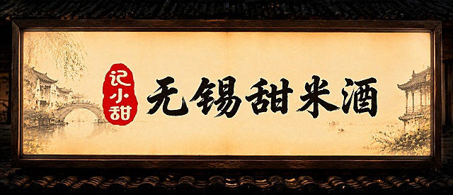 基于当前的横版招牌灯箱，重新设计为造型简约、容易定制的款式，保留尺寸宽185cm高50cm，保留“记小甜”红色印章logo和“无锡甜米酒”文字，简化雕花复杂的边框设计，使用简洁的实木方框，简化背景图案，保留江南古风氛围，整体干净简洁便于生产定制，保持发光灯箱效果