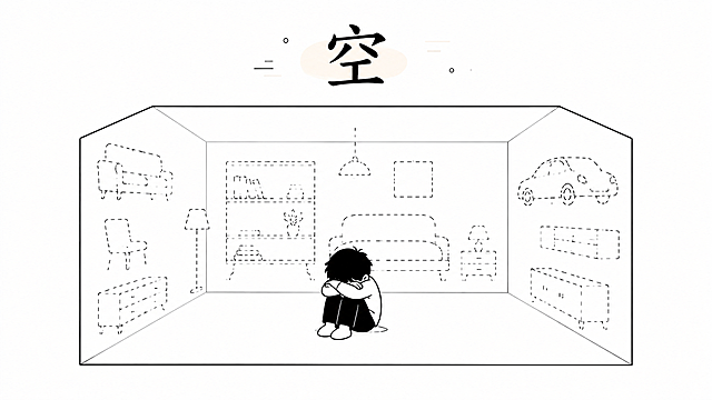 整体采用日系简约黑白漫画风格，矢量扁平化线条，线条干净利落、流畅顺滑，卡通漫画插画质感；以纯黑白为主色调，只做极少量低饱和淡彩局部点缀，不大面积上色；画面干净质朴、留白舒适，漫画简约构图，松弛不呆板；矢量无粗糙手绘毛边、无厚重阴影、无复杂纹理，造型圆润柔和，文艺书香氛围感；无真人实景、无写实摄影、无3D立体，只用漫画符号、简约书本、文艺静物、氛围感极简元素。禁止全彩上色、禁止高饱和浓艳色彩、禁止粗糙草稿手绘、禁止厚涂二次元、禁止复杂装饰花纹、禁止构图拥挤死板、禁止真人出镜、禁止实景照片、禁止低画质模糊、禁止厚重暗黑阴影。镜头11：画面中央：一个小人坐在巨大的空盒子中央，盒子四面墙壁上画满漂亮家具和汽车的虚线轮廓，全是空的。小人双手抱膝，脸埋在膝盖里。「空」字在盒子顶部。比例16:9