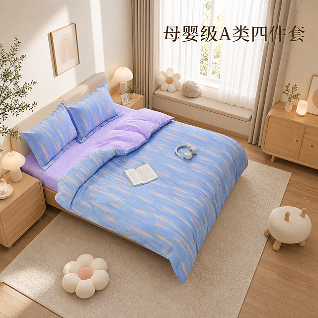 只更换背景，保留床上四件套不变，背景要求：整体安全温馨、简约精致，兼顾亲子居家质感，适配母婴级床品调性。色彩以米白、奶咖、浅柔灰为主，搭配低柔莫兰迪浅色系，色调温润柔和，贴合治愈温柔风格。墙面使用哑光环保乳胶漆涂刷，无复杂花哨造型，简约素雅耐看。家具选择圆润边角简约实木家具，收纳款柜体为主，安全实用，兼顾亲子日常使用需求。灯光为暖柔漫射光源，护眼柔光灯具，光线舒缓静谧。软装搭配素雅垂坠布艺窗帘，简约轻奢小软装点缀，整体整洁大方，适配 ins 温馨质感。空间布局动线开阔规整，预留亲子活动区域，收纳整洁。全屋优选环保材质，搭配柔和绿植、简约装饰画，打造安全舒适的居家亲子卧室。在图片上添加正楷字体的文字"母婴级A类四件套"