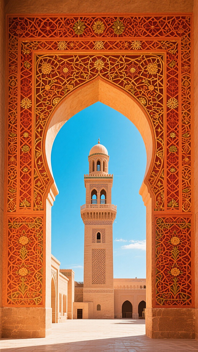 一张具有浓郁伊斯兰建筑风格的背景图片，画面中心是一个精美的马蹄形拱门，拱门顶部和两侧装饰着繁复细腻的几何图案与花卉纹样，以橙红色和金色为主色调，展现出华丽的浮雕质感。透过拱门可以看到一座高大的宣礼塔，塔身呈土黄色，顶部为圆顶设计，塔身上有拱形窗户和精致的纹饰。背景是晴朗的蓝天，阳光明媚，光线充足，整个场景充满了异域风情和历史感，建筑细节丰富，色彩温暖和谐，营造出庄重而神圣的氛围。