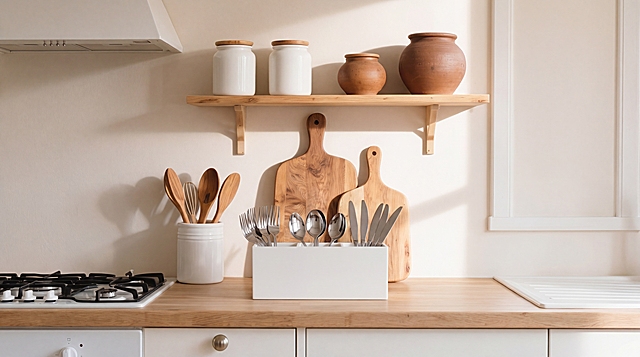 将图2的白色三格收纳盒放入图1的棕色厨房台面上，盒内装入餐具（如叉子、勺子、刀具等），保持图1原有场景布局（木制砧板、陶罐、置物架等）不变，光影自然协调