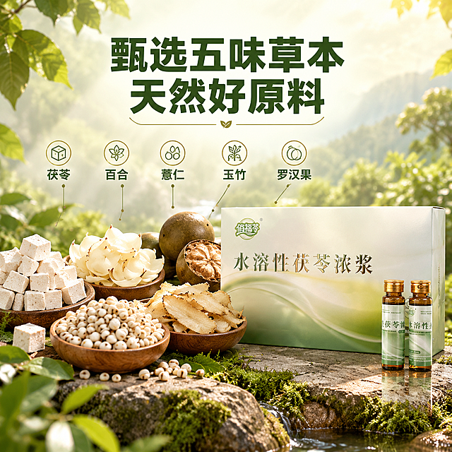 [主图-2] 核心亮点与溯源，主题为五味草本原料溯源，展示甄选品质与天然来源。
[统一基调] 整体风格为草本养生清透自然品质感，背景主色为浅绿渐变搭配自然柔光，标题字色为深墨绿，辅助字色为橄榄绿，强调色为金色，字体为厚重黑体，字号层级分明，卡片采用圆角半透明样式，图标为简约线性风格。
[画面] 产品包装盒位于画面右侧，占比约40%，左侧及周围环绕展示五味草本原料的真实食材特写：茯苓块洁白厚实、百合瓣饱满舒展、薏仁颗粒均匀、玉竹片温润、罗汉果完整，每种原料都有微距纹理细节。背景融入自然山林柔光氛围，有淡淡的阳光穿透树叶效果，体现天然产地感。
[光影质感] 自然暖阳逆光效果，草本原料有通透的边缘光，产品包装有柔和光泽，底部有自然阴影，整体温暖清新，食材新鲜有质感。
[配色] 自然绿+食材本色+暖金色光线，整体色调和谐自然，突出食材新鲜度。
[文字版式] 上方主标题「甄选五味草本 天然好原料」深墨绿色粗黑体，下方用引线分别指向五种原料，标注对应名称「茯苓 百合 薏仁 玉竹 罗汉果」，文字清晰不遮挡主体。每种原料旁有小型圆形图标装饰。
[输出要求] 比例1:1，文字清晰可读，产品清晰完整不变形，食材真实自然，无错字，画面干净，无水印，无平台Logo，禁止夸大功效宣传。