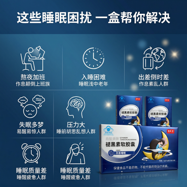 严格还原上传的辅医堂启智美牌褪黑素软胶囊产品图，包括包装设计、颜色、LOGO位置、文字内容、图案元素等所有细节；产品外观必须与参考图完全一致，不得改变包装设计、配色方案或品牌元素；保持产品的真实材质质预览效果