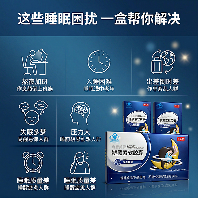 严格还原上传的辅医堂启智美牌褪黑素软胶囊产品图，包括包装设计、颜色、LOGO位置、文字内容、图案元素等所有细节；产品外观必须与参考图完全一致，不得改变包装设计、配色方案或品牌元素；保持产品的真实材质质感，包装盒为高光覆膜纸质质感，色彩还原精准；8K超高清，商业级摄影，超写实质感，光影柔和高级，整体为静谧助眠的深海蓝 + 纯白统一风格，杂志级精致排版，文字格式与首图统一。画面采用网格排版，上下分两部分，上半部分占比30%，顶部居中设置主标题，白色加粗无衬线字体："这些睡眠困扰 一盒帮你解决"，下方标注副标题；下半部分占比70%，用6格简约图标框，分栏展示6大适用人群，每格搭配简约线条图标 + 白色文字，分别为："熬夜加班 作息颠倒上班族"、"入睡困难 睡眠浅中老年"、"出差倒时差 作息紊乱人群"、"失眠多梦 易醒易惊人群"、"压力大 睡前胡思乱想人群"、"睡眠质量差 睡醒疲惫人群"，画面右下角陈列产品1大盒 + 2小盒，斜角摆放，占画面20%比例，背景为渐变深海蓝，点缀柔焦星光，整体画面信息清晰，精准触达目标人群。负面要求：禁止产品包装变形、LOGO错误、配色偏离参考图、文字内容错乱、产品比例失调、图标丑陋、背景杂乱、光影脏乱、画质模糊、噪点过多、元素割裂、出现真人肖像、产品质感失真、文字格式不统一
